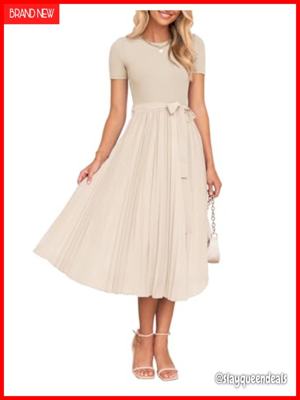 Rib Knit Midi Dress Short Sleeve A-Line High Waist Belted Pleated